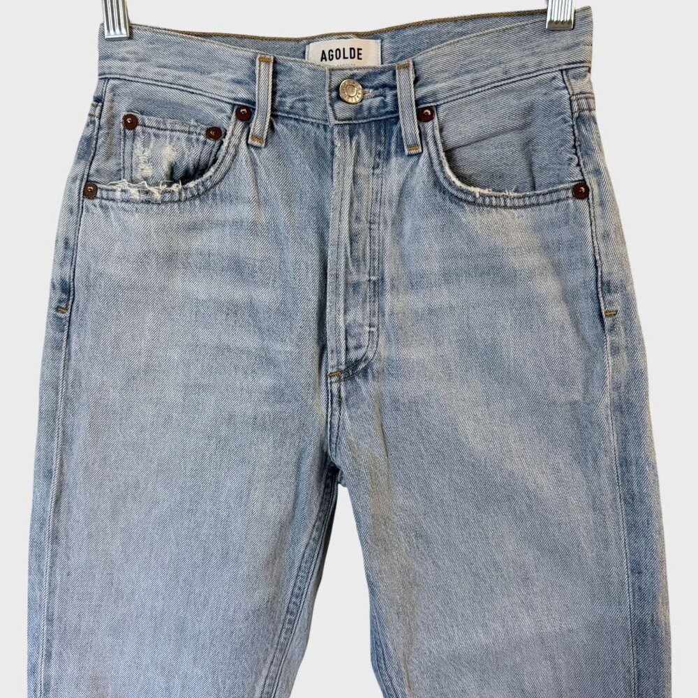 Agolde Riley High-Rise Straight Crop Jeans Blue Women's 24 Distressed Button-Fly - Picture 5 of 11